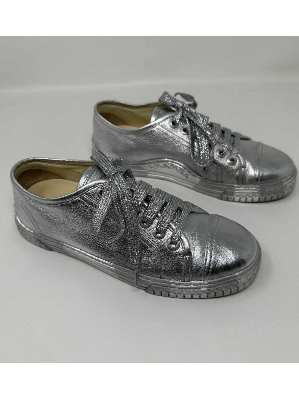 Chanel Silver Metallic Leather Sneakers Size 37 C EUC